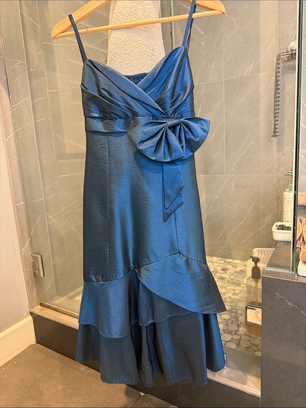 Teal Blue Satin Formal Dress with Bow & Ruffle Hem